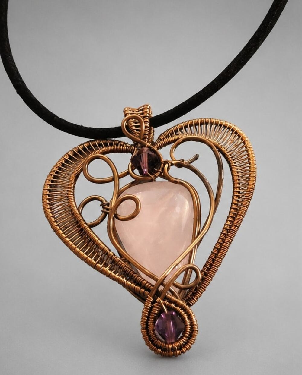 Romantic pink Quartz heart pendant necklace, copper wire wrapped blu02-10